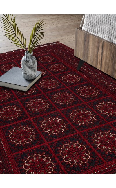 BUHARI BHR 01 RED Afgan / Yağcıbedir Desenli Hav Toz Vermez Yıkanabilir Kaymaz İnce Dokuma Halı