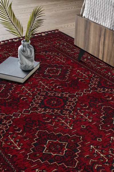 BUHARI BHR 05 RED Afgan / Yağcıbedir Desenli Hav Toz Vermez Yıkanabilir Kaymaz İnce Dokuma Halı